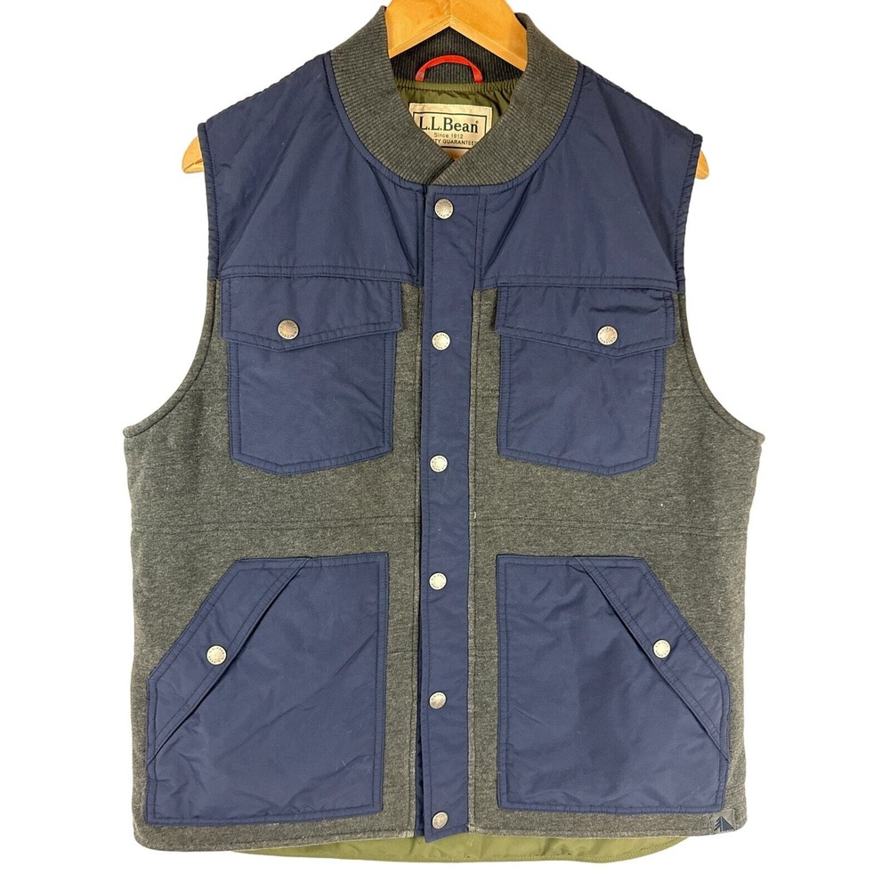 VTG L.L. Bean Mens Sz Med Quilted Vest Navy Blue/Gray/Green‎ Primaloft Pockets